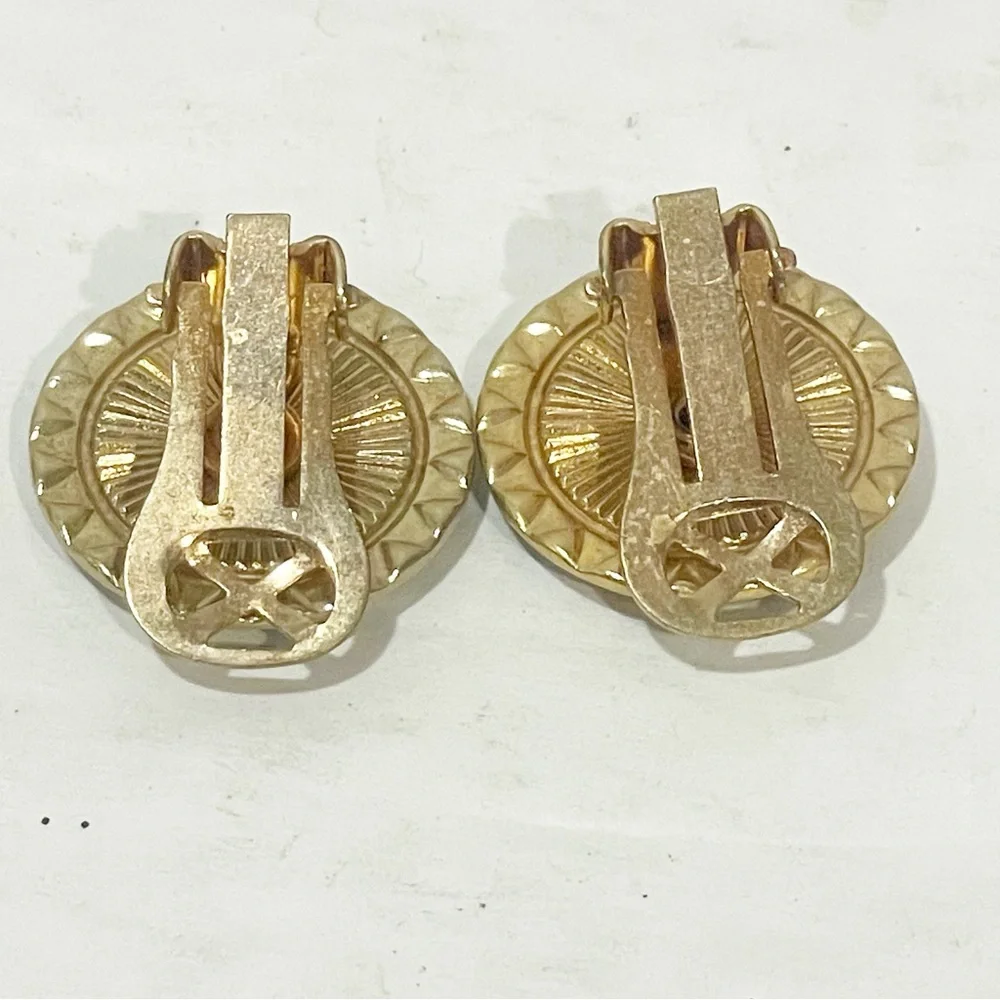 Vintage Rose Enamel Gold Tone Jeweled Clip on Earrings Jewelry